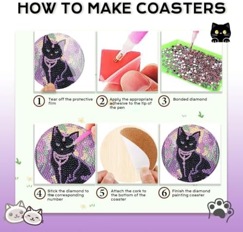 Leatrice Small Diamond Art Coasters Set Diamond Painting Kits for Adults Cat Diamond Dots Coasters Beginners Women Gem Art Coasters with Holder Funny Crafts Supplies for DIY Home Decor
