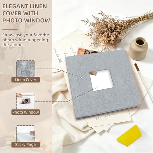 Popotop Photo Album Self Adhesive with Picture Display Window,40 Pages DIY Scrapbooking Supplies Kit for 4x6 10x12 Picture,Linen Cover Memory Book for Baby Wedding, with Scraper and Metallic Pen