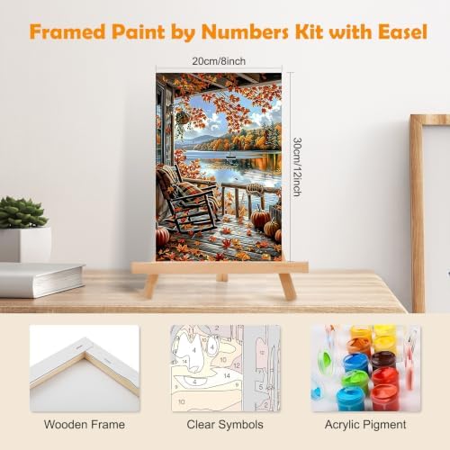 MOGTAA Fall Paint by Numbers Kit for Adults Beginners with Frame, Autumn Adult Paint by Number Kits on Canvas with Easel, Easy DIY Landscape Oil Painting Kits for Home Decor, 8x12in