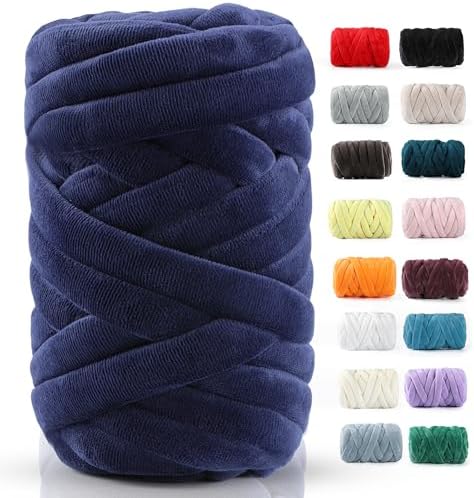 Chunky Yarn for Hand Knitting- Velvet Chenille Tube Yarns- Jumbo Yarns for Blankets, Pet Beds, Machine Washable (0.66 Lb/18.59 Yd), Easy No-Tool Arm Knitting & Crochet Project Yarn (Dark Blue)