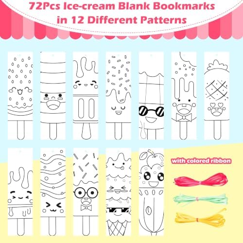72Pcs Ice Cream Color Your Own Bookmarks, Coloring Blank Bookmarks for Kids