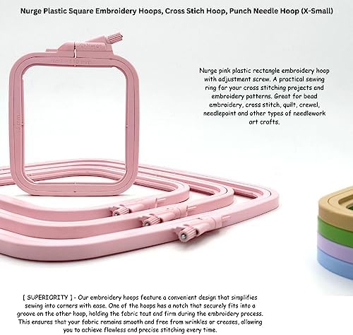 Nurge Square Embroidery Hoop - Plastic Cross Stitch Frame for Needlepoint & Embroidery - Adjustable Craft Hoop - Pink - No:1 (X Small)