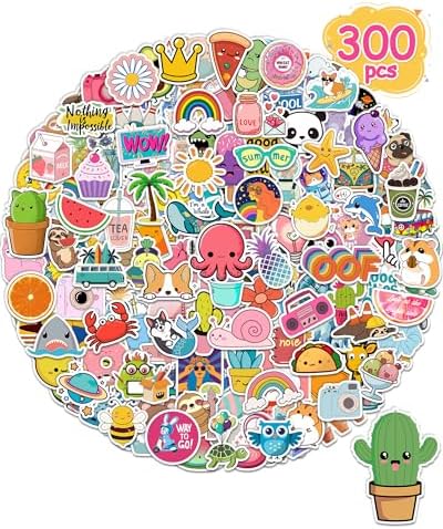 300 Pcs Stickers for Kids, Cute Vinyl Waterproof Stickers for Water Bottle | Treasure Box Toys for Classroom Prizes, Teacher Back to School Supplies Gifts, Sticker Pack for Girls Teens, Party Favors