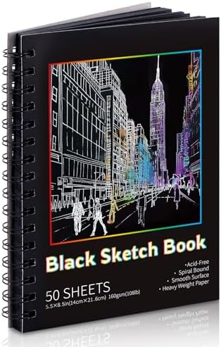 160gsm Black Paper Sketchbook 5.5x8.5in, 50 Acid-Free Black Paper Notebook