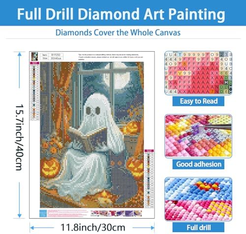 TYPUSOK Halloween Ghost Diamond Art Kits for Adults,Round Full Drill 5D Diamond Painting Kits for Beginners,Black Cat DIY Diamond Dots Pictures Gem Art Kit,Home Wall Decor 12x16in