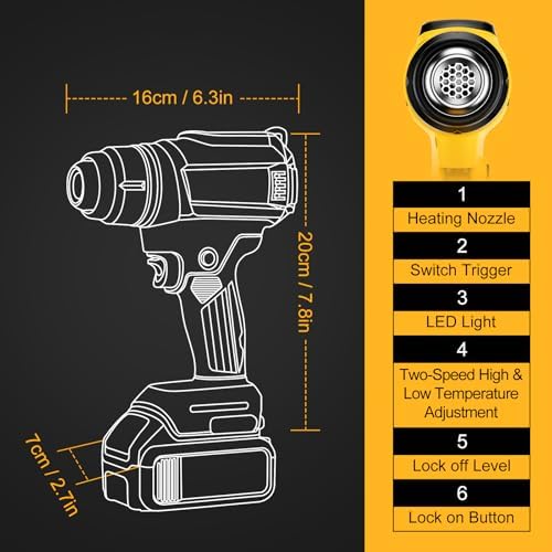 Cordless Heat Gun for Dewalt 20V Battery(NO Battery), 350W,LED Light,Fast Heating Soldering Hot Air Gun 1022℉-1328℉ Variable Temperature Control with 4pcs Nozzles&Scraper for Crafts, Shrink Wrap