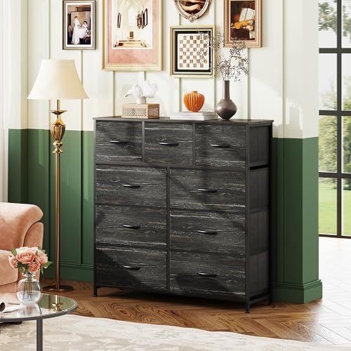 WLIVE Tall Dresser for Bedroom, 9 Drawer Chest of Drawers, Black Wood Grain | 9 roomy fabric drawers, Tall storage design, Bedroom or closet use, Sturdy steel frame, Smooth wood tabletop