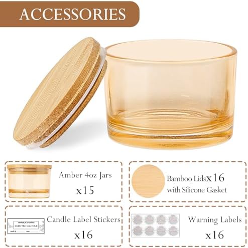 CONNOO 15 Pack 4oz Gold Amber Glass Candle Jars with Airtight Bamboo Lids