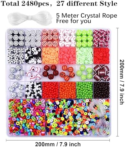 2480pcs Sports Ball Polymer Clay Beads Charms for Friendship Bracelets Making Kit Cute Fun Beads DIY Arts Crafts Birthday Gifts for Kids Girls Baseball Basketball Soccer Rugby Volleyball Football Bead