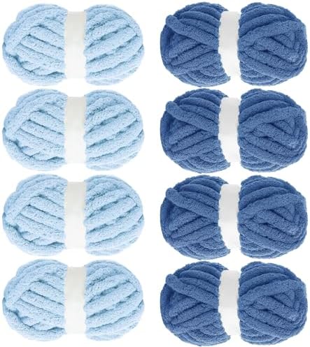 MABOZOO Assorted Chunky Yarn for Hand Knitting 8 Pack, Fluffy Jumbo Chenille Yarn, Soft Plush Yarn Bulky, Giant Thick Fuzzy Yarn for Arm Knitting,Country Blue & Sky Blue(31.7 yds,8 oz Each Skein)