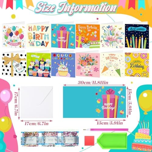 Saillong 12 Pack Happy Birthday Diamond Painting Greeting Card Kits DIY Diamond Art Cards with Envelopes Birthday Cake 5d Rhinestones Painting Kits for Adults DIY Crafts Family Friend Gifts