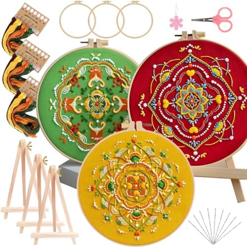 Qupace 3 Pcs Boho Embroidery Kits for Beginners Adults,Red Cross Stitch Sewing Craft Set with 3 Embroidery Hoops & 3 Finished Stands, Floral Pattern Needlework Kit