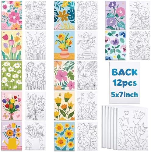 Louise Maelys 5x7 Inch Pre Drawn Canvas to Paint,12 Packs Floral Theme