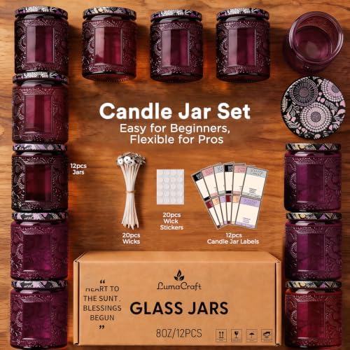 LumaCraft Luxury Embossed Glass Candle Jars for Making Candles - 12 Pack 8oz Empty Candle Containers with Airtight Metal Lids, 20 Wicks & 20 Stickers, Colored Glass Jars for Gifts & Decor