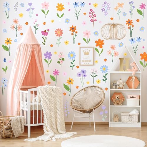 AOWDIAO Floral Wall Decals - 102 Pcs Peel and Stick Vinyl Flower Stickers - Assorted Varieties & Colors for Bedroom, Kids’ Rooms, Nursery, or Living Room Decor