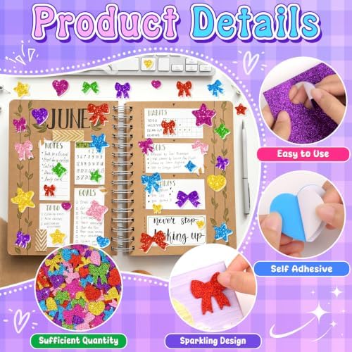 875PCS Glitter Foam Stickers, Colorful Heart & Star & Bow Stickers, Self-Adhesive Foam Stickers for Scrapbooking Card Making Birthday Party Classroom Decor Art Supplies (7 Colors)