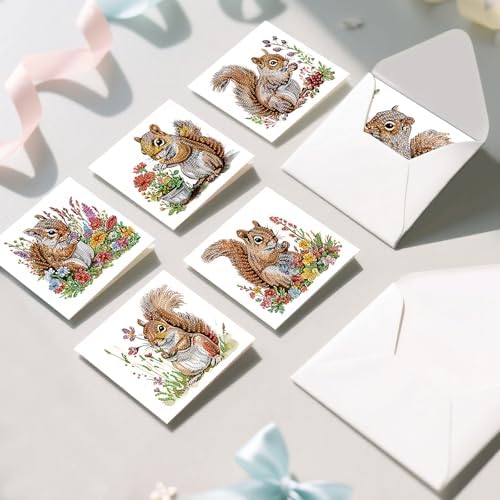 AiYuanzsh 6 Pack Diamond Painting Greeting Cards with Envelopes, DIY 5D Diamond Art Card Kit Featuring Cute Squirrels, 30x15cm Handmade Rhinestone Cards Crafts for Greetings and Seasonal Wishes