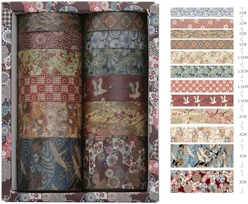 12 Rolls Kyoto Charm Washi Tape Set Japanese Arts Adhesive Tapes Geometric Garden Decorative Masking Tape Sets for Craft, Kids, Scrapbook, DIY, Gift Wrapping (Crimson Fields)
