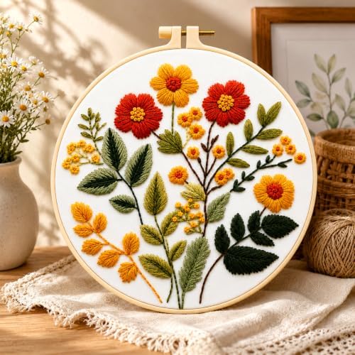 Zhenqing Floral Embroidery Kit for Beginners, Wildflower Botanical Needlework Kit with Pre-Printed Cotton Fabric, Hoop, Threads & Tools, Flower Wall Decor (C0126)