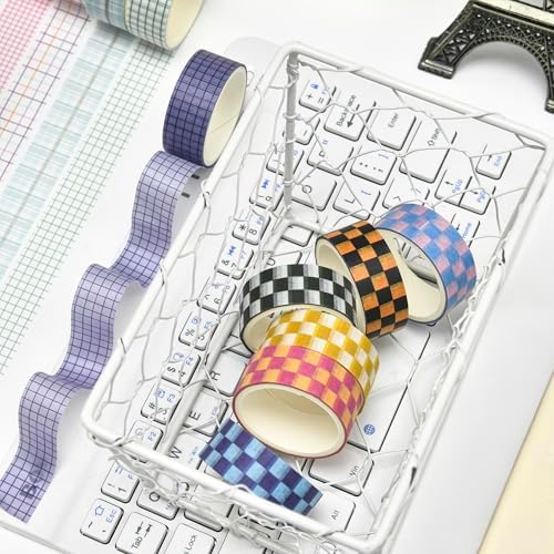 12 Rolls Grid Washi Tape Set Plaid Arts Adhesive Tapes Basic Patterns Decorative Masking Tape Sets for Craft, Kids, Scrapbook, DIY, Gift Wrapping (Style Two)