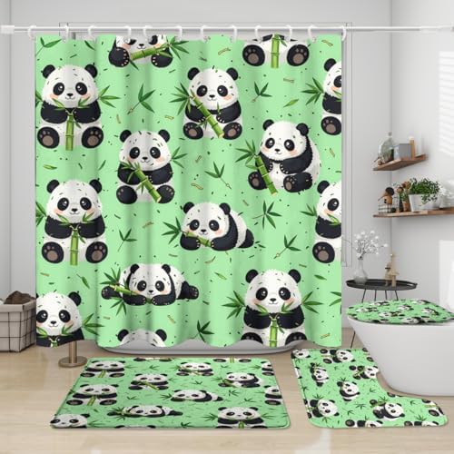 Cartoon Kawii Baby Panda Shower Curtain Sets 4 Piece,Cute Spring Forest Bamboo Trees Bathroom Decor Sets with Rugs,Funny Animal Panda Bears Waterproof Toilet Lid Cover Bath Mat