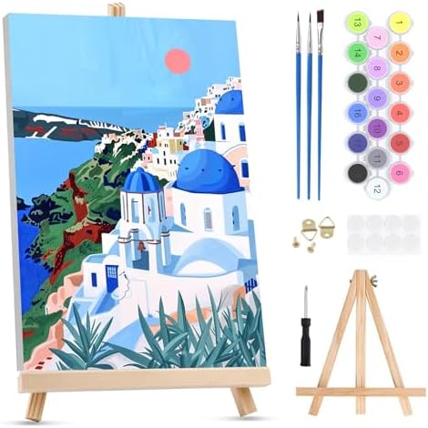 KEYIFA Paint by Numbers for Adults on Framed Canvas - with Wooden Easel, Santorini Painting by Number Kit for Beginners, DIY Greece Acrylic Paint-by-Number Kits for Home Wall Decor (8x12 inch)