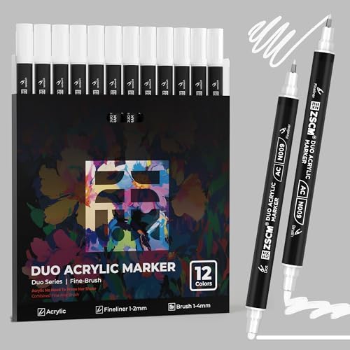 ZSCM 12 White Acrylic Paint Markers, Dual Fine & Brush Tip Acrylic Pens