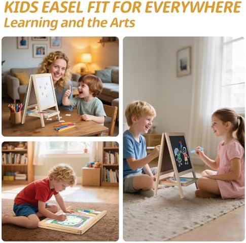 Tabletop Painting Wooden Art Easel for Kids - 4-in-1 Double-Sided Drawing Board for Toddlers 2-4, Chalkboard & Dry Whiteboard with Markers, Eraser, Magnetic Letters/Numbers & Flashcards