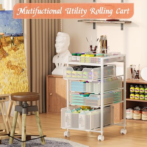 Rolling Utility Cart with 4 Drawers, Craft Organizer and Storage Carts with DIY Divider, Lockable Wheels Storage Organizer for Art Supplies, Store for Brushes & Paints & Artifacts, White