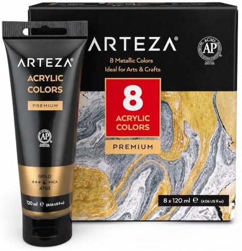 ARTEZA Metallic Acrylic Paint, 8 Metallic Colors in 4.06 ounce Tubes, Artist Paints for Hobby Painters, Art Supplies for Canvas Painting