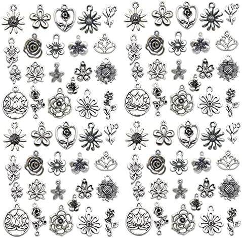 WOCRAFT 120pcs Antique Silver Fower Charm for Jewelry Making Alloy Spring Floral Flower Charms for DIY Crafts (SN032)