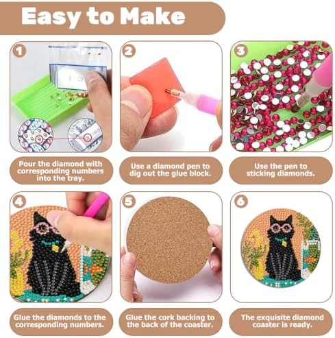 CRZMODE 8 Pcs Black Cat Diamond Art Coasters Kits, Diamond Painting Coasters with Holder Set of 8, DIY Cat Art Crafts Supplies for Adults Cup Mat House Warming Gifts Non-Slip