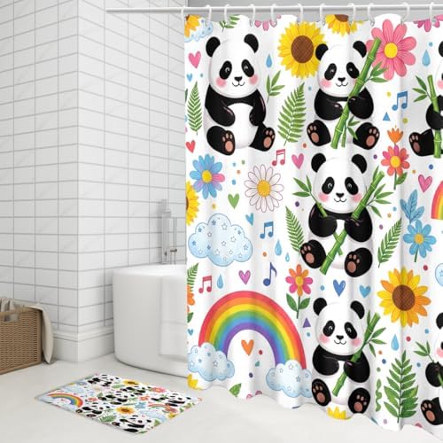 Cartoon Animal Baby Panda Shower Curtain Sets 4 Piece,Kawii Spring Forest Rainbow Bathroom Decor Sets with Rugs,Aesthetics Flowers Bamboo Leaves Waterproof Toilet Lid Cover Bath Mat
