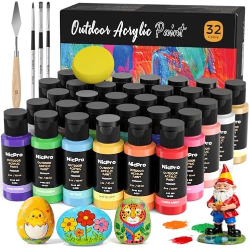 Nicpro 32 Colors Outdoor Acrylic Paint Set, 2oz Waterproof Acrylic Paints | Rich Pigmented Outdoor Paint for Beginners Artists on Rocks, Wood, Garden Statues, Crafts, Pumpkin, with 3 Brushes & Sponge