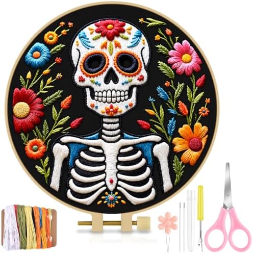 TINDTOP Embroidery Kit for Adult Beginners, Embroidery DIY Starter Kit, with Stamped Patterns, Hoop, Tools, Colorful Threads with Needles, Instructions (Skeleton C)