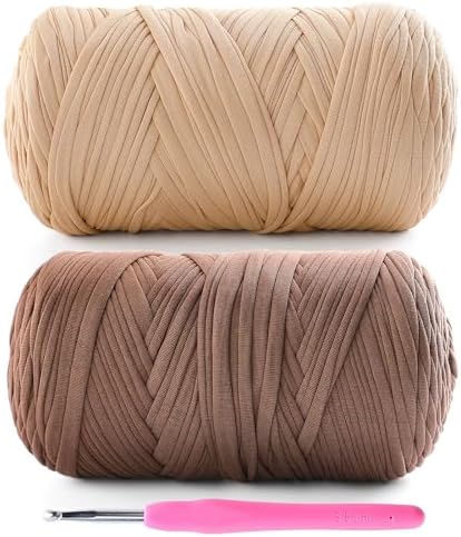 2 Pack Tshirt Yarn for Crochet - 800 G/260 Yds T Shirt Soft Elastic Fabric T-Shirt Yarn for Crocheting Bags Baskets Home Decor with 1 Crochet Hook (2, Khaki+Coffee)