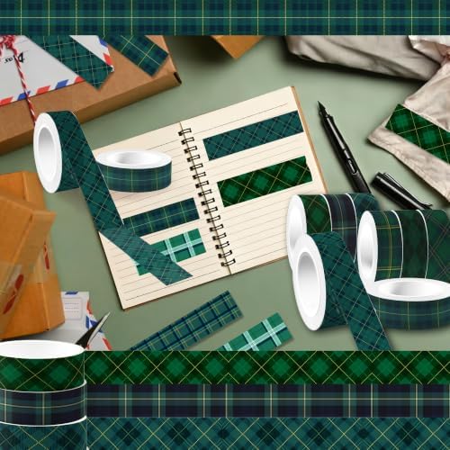 Green Plaid Washi Tape Set - 12 Rolls Decorative Masking Tape for Journal
