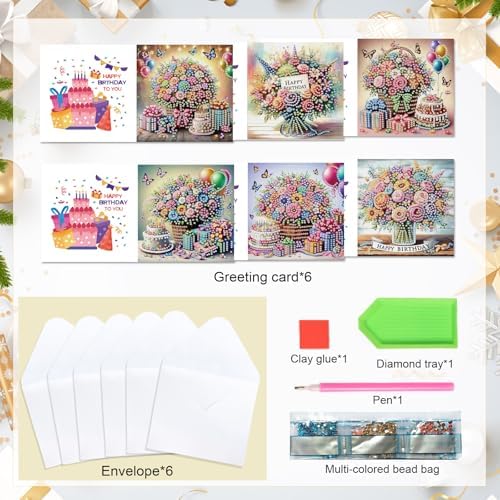 Tontut 6 Pieces Diamond Art Painted Greeting Cards, Flower Basket Gift Butterfly 5D DIY Special Shape Diamond Card Creative Gifts, Christmas Thanksgiving Greeting Card Congratulation