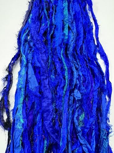 Maker's Craft Recycled Fuzzy Fringes Sari Silk Ribbon Yarn 35yards, 100Grams for DIY Knitting Crocheting Gift Wrapping, Christmas Decoration, Macrame Makers, Jewelry Making, Rugs Hooking (Indigo)