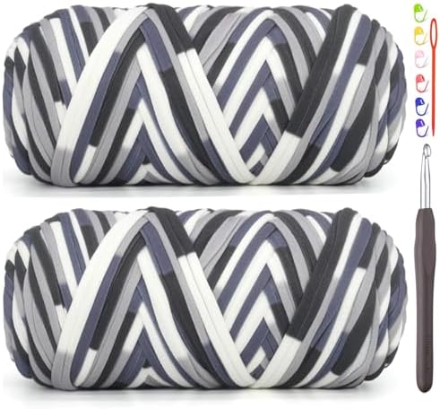 2 Pack Tshirt Yarn for Crocheting,Rainbow T Shirt Chunky Elastic Thick T-Shirt Crochet Yarn for Beginners Crocheting Hand Knitting Bag/Basket/Coasters/DIY Crafts/Home Decor 2 * 200G-Black White Grey