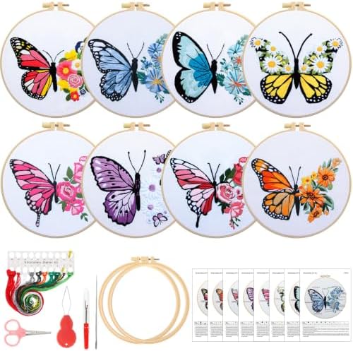 Riceshoot 8 Set Butterfly Floral Embroidery Kit for Beginner Adults Butterfly Embroidery Cross Stitch DIY Craft Needlepoint Pack Kits with Pattern Instruction Cloth Hoops Thread Needle Scissors
