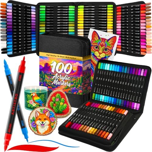 ARTISTRO 100 Dual-Tip Acrylic Paint Marker Pens with Storage Bag