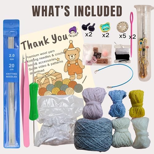 Yarnique Wool Bear Knitting Kit – Real Wool Amigurumi Kit for Adults with Video Tutorials | DIY amigurumi Crochet & Knitting Kit with Tools | Holiday Gift Craft Set (Birthday Bear)