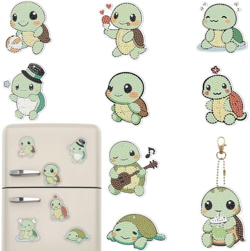 Bulerrylulu 9 Pcs Turtle Diamond Painting Magnets Kits Cat Fridge Magnet Stickers Diamond Art Painting Keychains Gem Painting kit for Beginners Adults DIY Art Craft Gifts Home Decors