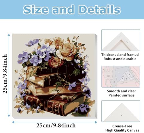 Books Paint by Numbers Kit for Adults Beginner, Paint by Numbers 10x10 Inch | Books Framed Paint by Numbers with Easel, Acrylic Painting by Numbers, DIY Arts and Crafts for Gifts or Home Decor