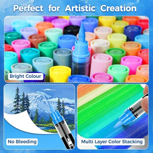 48 Colors Acrylic Paint Markers Brush Tip，Automatic Ink Control，No-Bleed