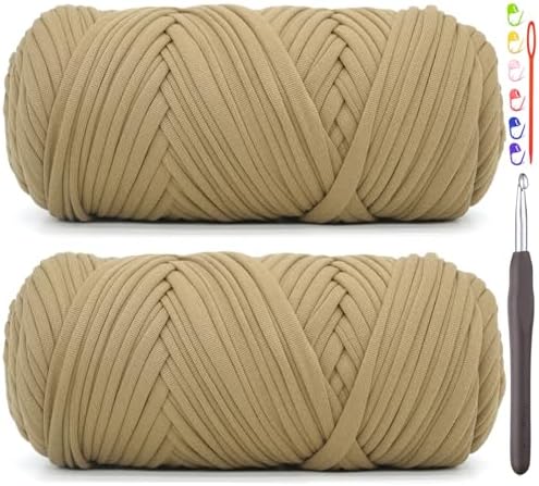 2 Pack Tshirt Yarn for Crocheting,Brown T Shirt Chunky Elastic Fabric Thick T-Shirt Crochet Yarn for Beginners Crocheting Hand Knitting Bag/Basket/Coasters/DIY Crafts/Home Decor 2 * 200G(Dark Khaki