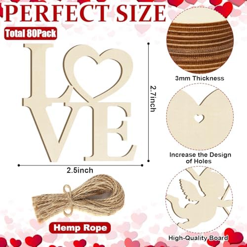 80PCS Wooden Heart Ornaments to Paint Valentine's Day Craft,10 Styles DIY Blank Unfinished Wood Heart Cutouts Ornament for Crafts Spring Tree Hanging Decorations Love