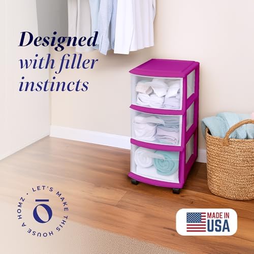 HOMZ Drawer Tower, 3-Tier Storage Cart with Removable Wheels, Purple Frame