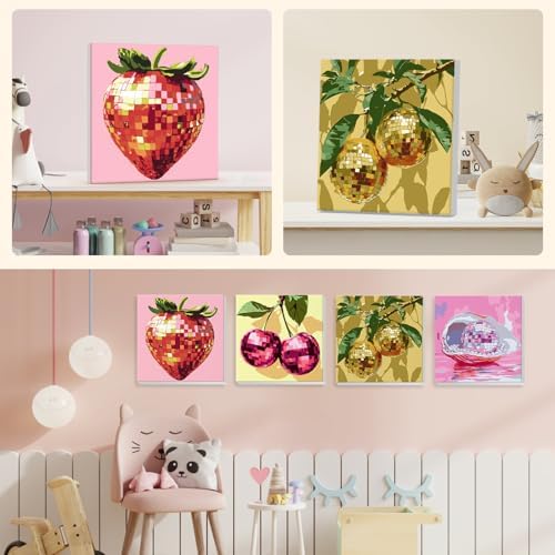 NEWENMO 4 Pack Paint by Numbers for Adults with Wooden Framed, Sparkling Funky Fruit, Paint by Number Kits on Canvas for Beginner, DIY Acrylic Oil Painting Kits for Home Decor 8x8 inch, Disco Ball